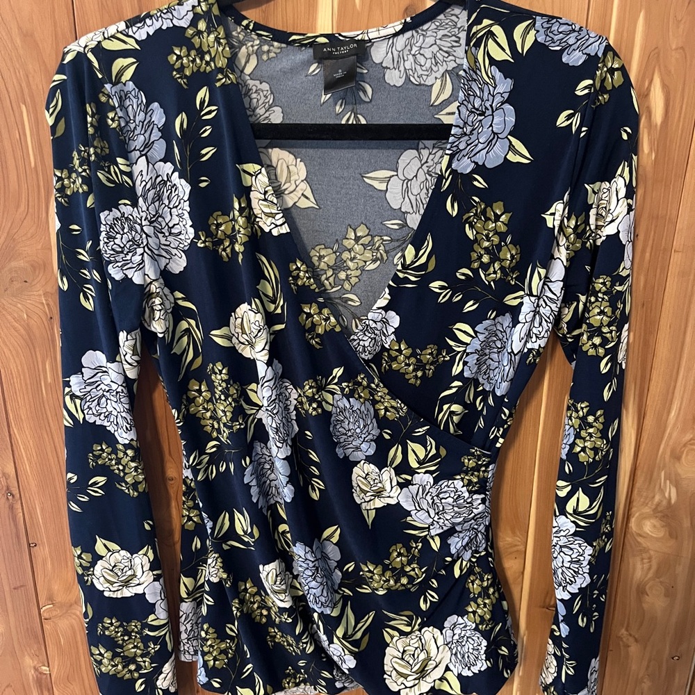 Ann Taylor Blue and White Long Sleeve Wrap Blouse